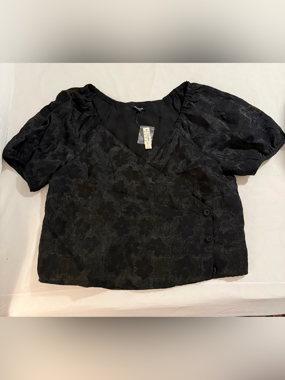 Madewell Puff-Sleeve Wrap Top in Floral Jacquard in True Black